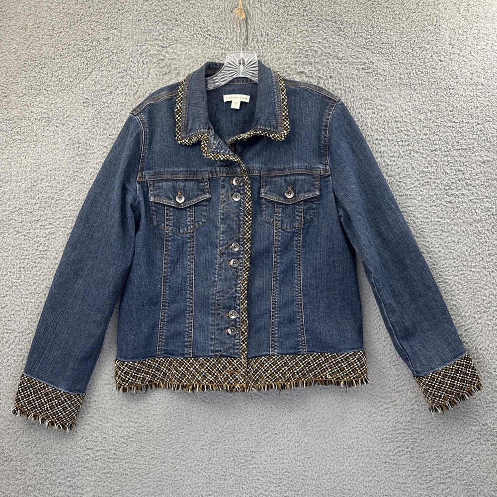Coldwater Creek Denim Jean Jacket Tweed Trim Boho Stretch Button Down Women's 16